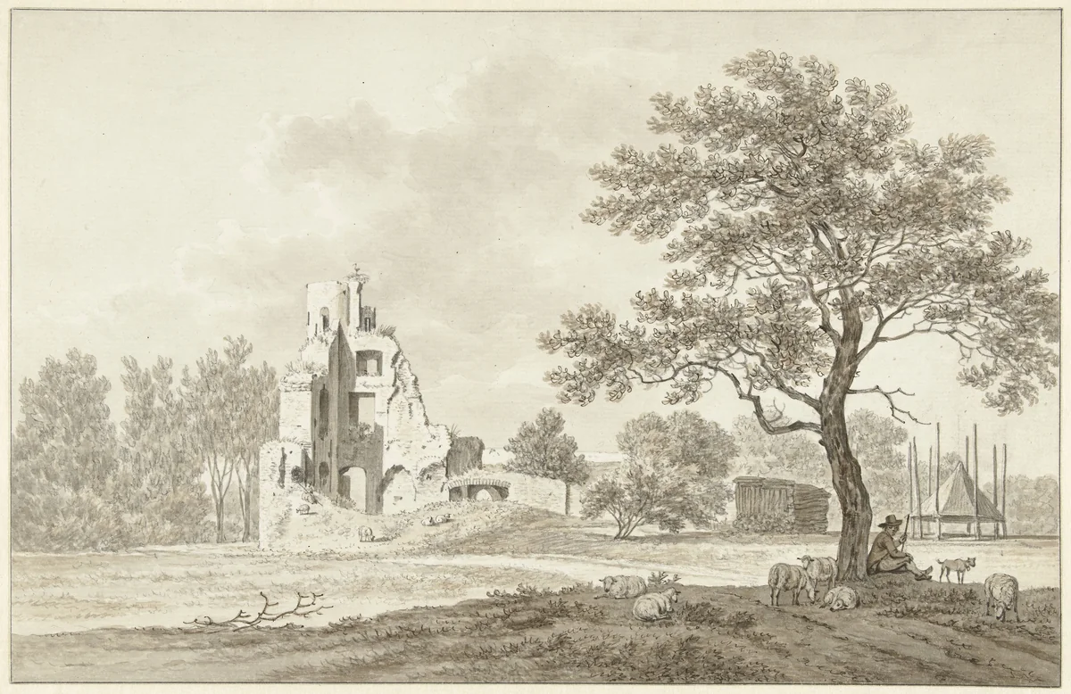 Ruïnes van het Huis ter Lee of ter Lynden, aan de Rijn tegenover Rhenen by Daniël Dupré, drawing, 1761-1817