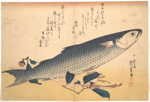 Bora Fish with Camellia, from the series Uozukushi (Every Variety of Fish) by Utagawa Hiroshige (歌川広重), print, 1830-1839