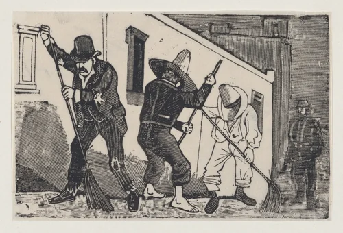 A group of men sweeping the street by José Guadalupe Posada, print, 1875-1885