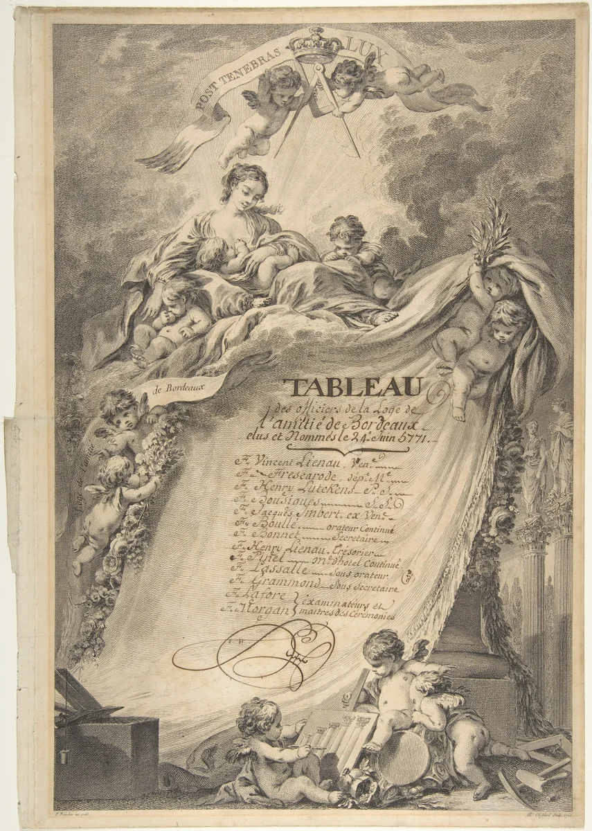 Diploma for the Freemasons of Bordeaux, after François Boucher by Pierre Philippe Choffard, print, 1766