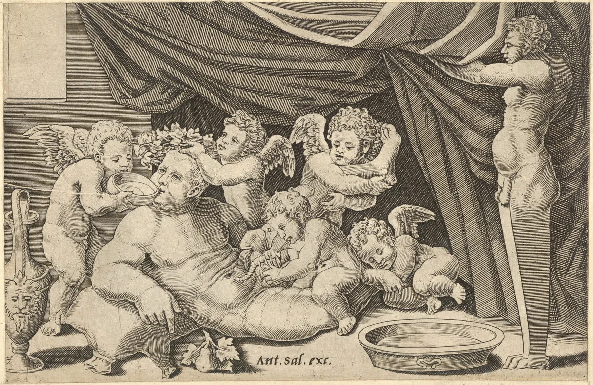 Bacchus Surrounded by Putti with Priapus holding back the curtain, from "Speculum Romanae Magnificentiae" by Master of the Die, print, 1525-1560