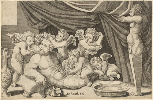 Bacchus Surrounded by Putti with Priapus holding back the curtain, from "Speculum Romanae Magnificentiae" by Master of the Die, print, 1525-1560
