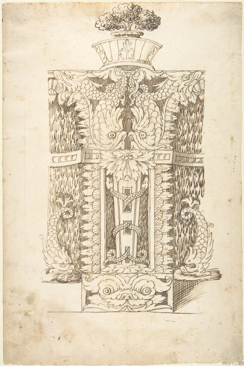 Design for a Wall Fountain by anonymous, drawing, 1550-1620