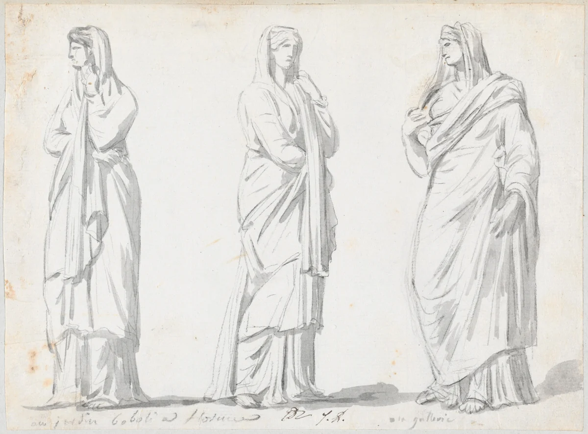 Three Draped Women from the Boboli Gardens and the Uffizi by Jacques-Louis David, drawing, 1775-1780