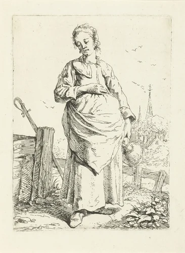 Staande vrouw met kruik by Leendert van der Cooghen, print, 1664