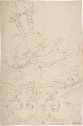 Ornament with Two Torches, a Spindle and Flax above a Rinceau of Doves with Sacred Hearts by anonymous, drawing, 1775-1825
