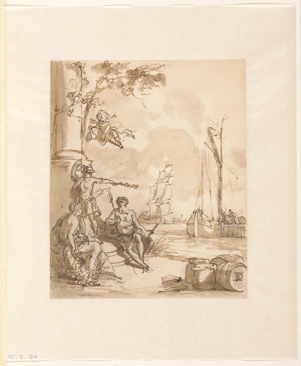 Allegorie op Scheepvaart, Koophandel en Overvloed by Jurriaan Andriessen, drawing, 1752-1819