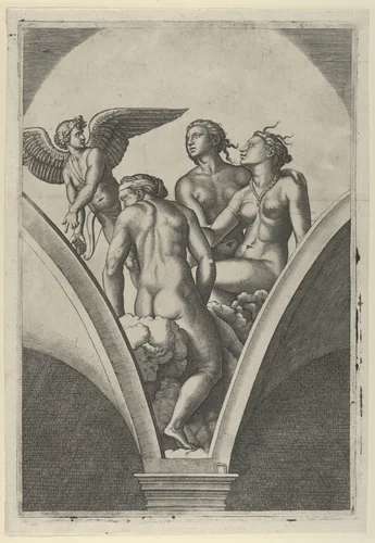 The Three Graces sitting on clouds, cupid at the left, after Raphael's fresco in the Chigi Gallery of the Villa Farnesina in Rome by Marcantonio Raimondi, print, 1500-1534