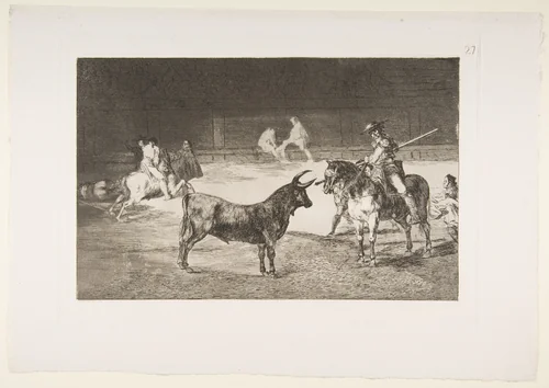 Plate 27 from "La Tauromaquia": The celebrated picador, Fernando del Toro, draws the fierce beast on with his pike by Goya, print, 1816