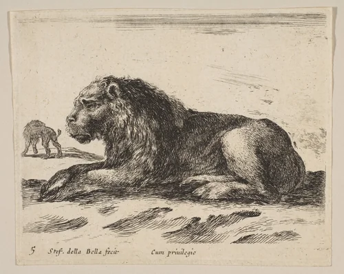 Plate 5: Reclining Lion, from "Various animals" (Diversi animali) by Stefano della Bella, print, 1636-1646