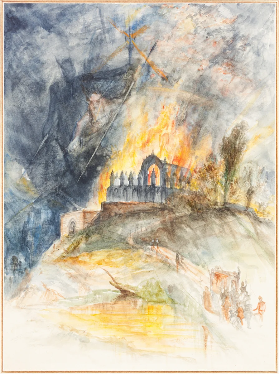 An Ecclesiastic Building in Flames with Demons Above by Arthur Frederick Payne, drawing, 1831-1900