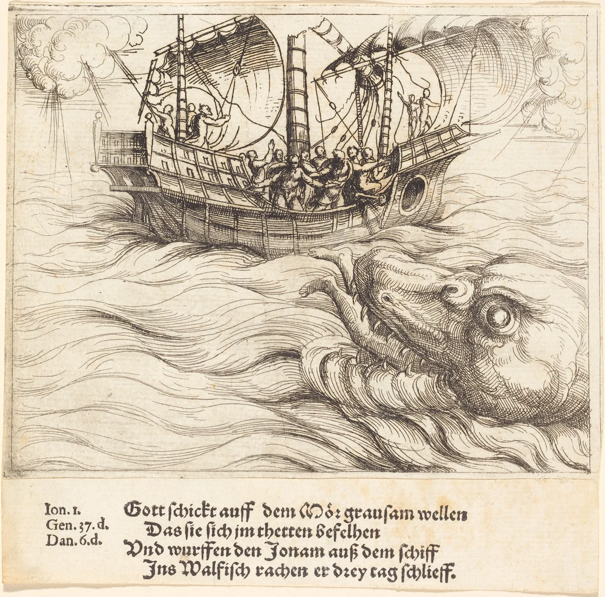 Jonah in the Whale by Augustin Hirschvogel, print, 1503-1553