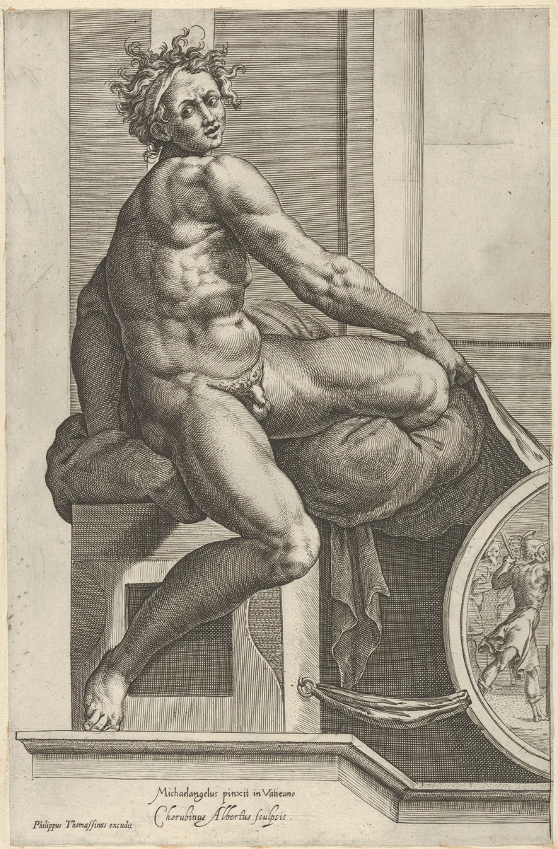 A naked man (Ignudo), twisting towards the right, holding drapery, after Michelangelo's 'The Last Judgment' fresco in the Sistine Chapel by Cherubino Alberti, print, 1580-1590