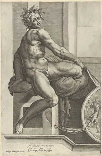 A naked man (Ignudo), twisting towards the right, holding drapery, after Michelangelo's 'The Last Judgment' fresco in the Sistine Chapel by Cherubino Alberti, print, 1580-1590