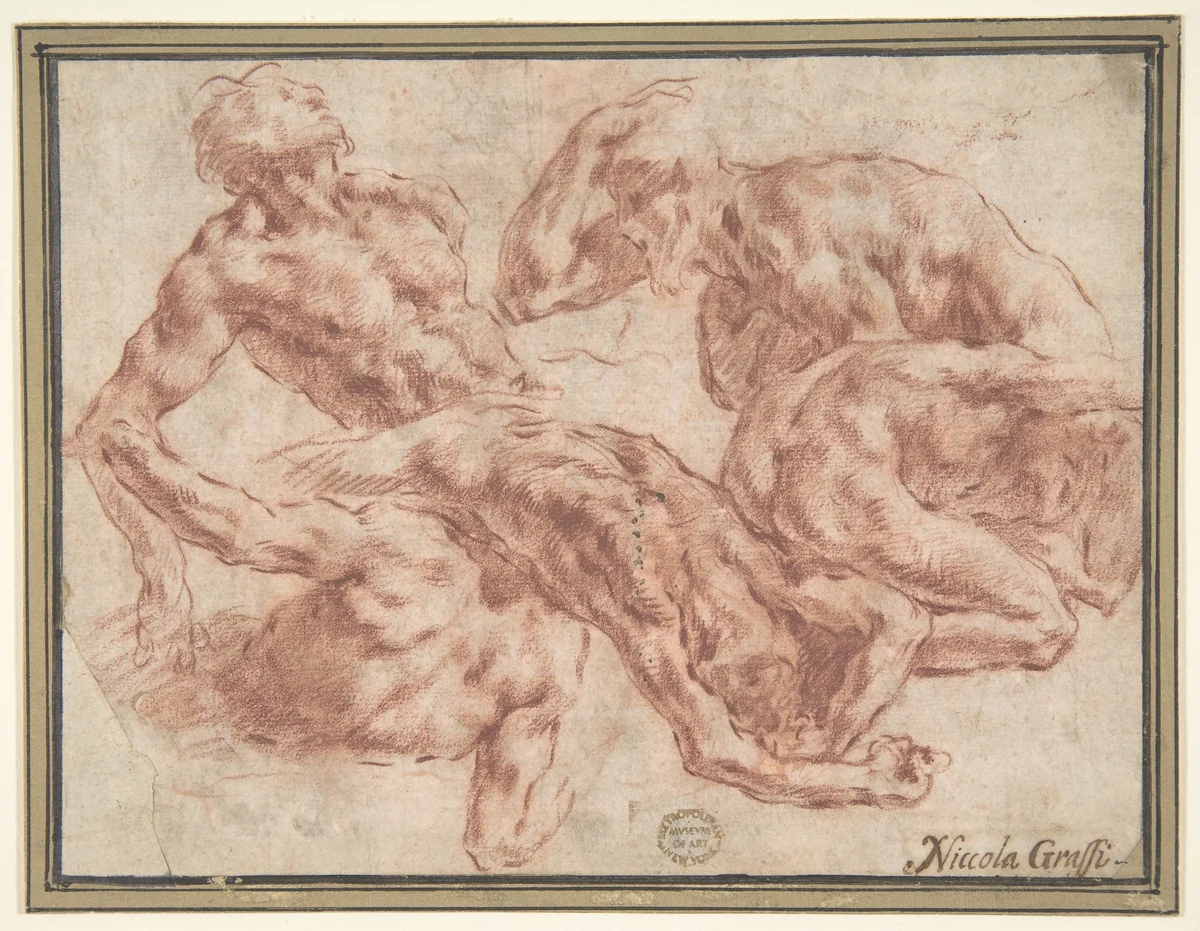Studies of Nude Men by Nicola Grassi, drawing, 1682-1750