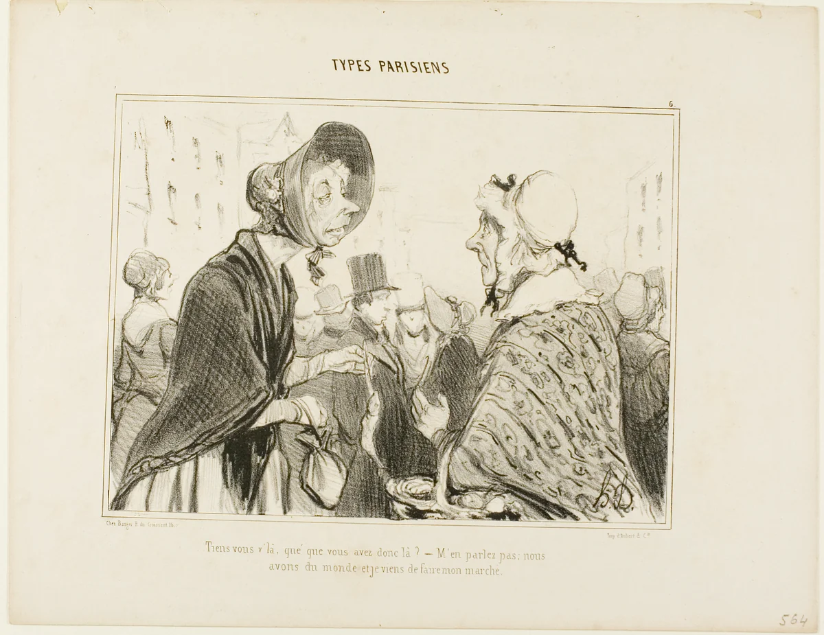 “- Oh, here you are..... what do you have there?..... - Let's not talk about it.... we are having guests, and I just did my shopping,” plate 6 from Types Parisiens by Honoré-Victorin Daumier, print, 1839
