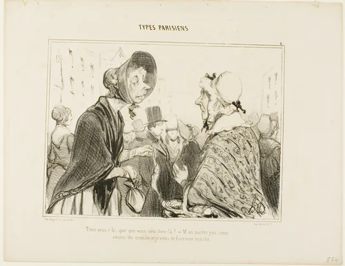 “- Oh, here you are..... what do you have there?..... - Let's not talk about it.... we are having guests, and I just did my shopping,” plate 6 from Types Parisiens by Honoré-Victorin Daumier, print, 1839