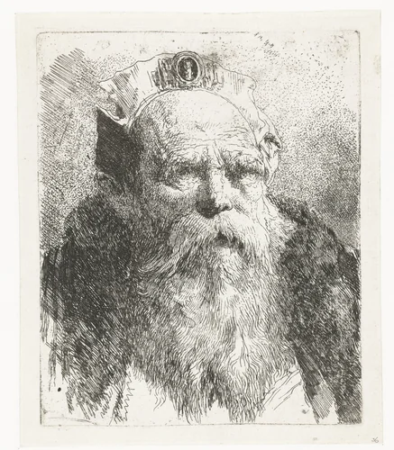 Oude man met baard en muts met sieraad by Giovanni Domenico Tiepolo, print, 1756-1757