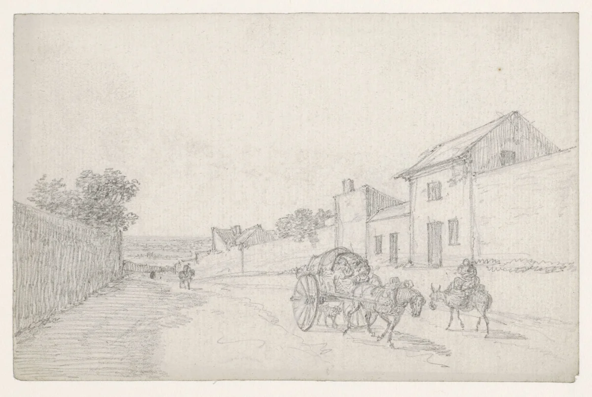 Oplopende straat met huifkar by Georges Michel, drawing, 1773-1843