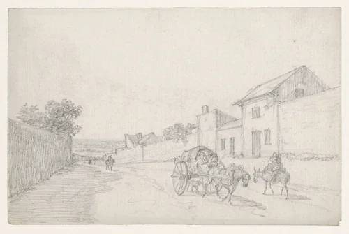 Oplopende straat met huifkar by Georges Michel, drawing, 1773-1843