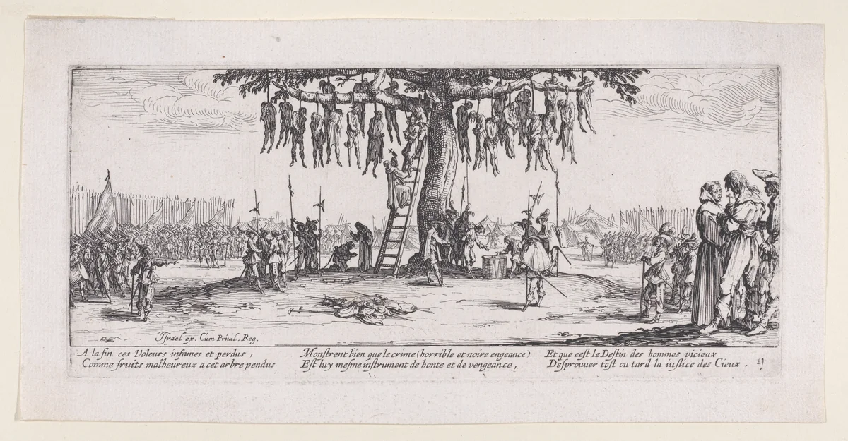 La Pendaison (The Hanging), from Les Misères et les Mal-Heures de la Guerre (The Miseries and Misfortunes of War), plate 11 by Jacques Callot, print, 1633