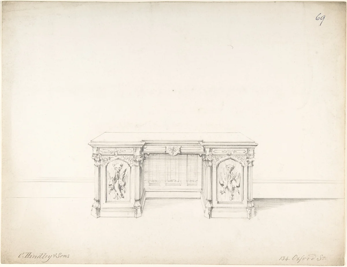 Design for Wooden Desk by Charles Hindley and Sons, drawing, 1841-1884