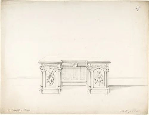 Design for Wooden Desk by Charles Hindley and Sons, drawing, 1841-1884