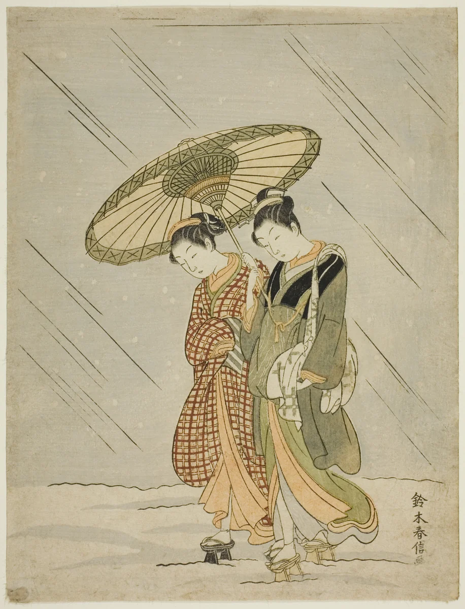 Snow on the Way Back from the Public Bath by Suzuki Harunobu (鈴木春信), print, 1761-1770