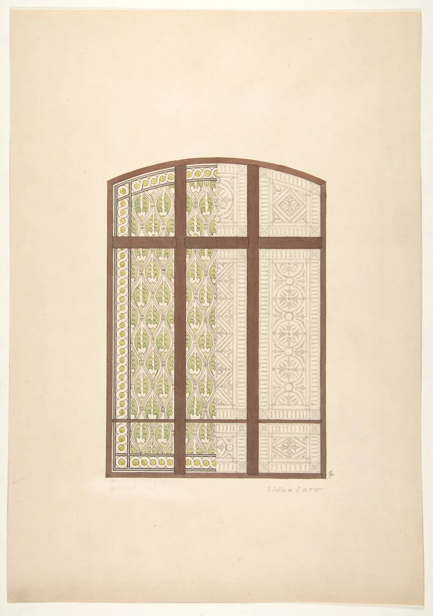 Design for an arched stained glass window, showing two alternative patterns by Jules-Edmond-Charles Lachaise, drawing, 1869