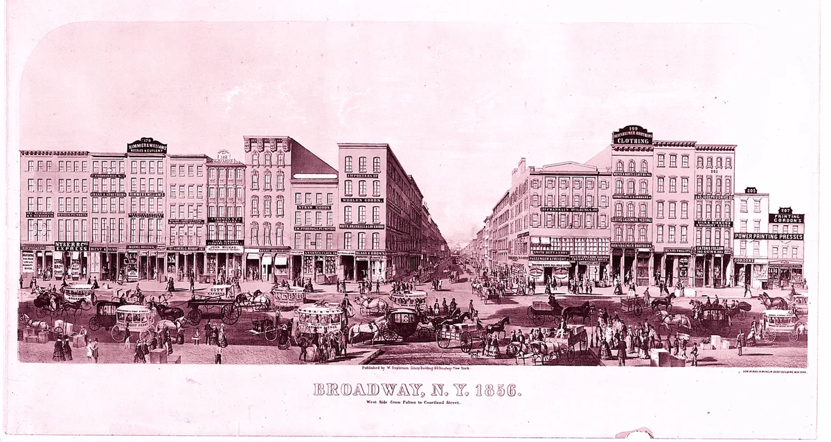 Broadway, New York, West Side from Fulton Street to Courtland Street by Boell and Michelin, print, 1856