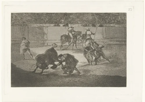 Pepe-Hillo neemt zijn hoed af voor de stier by Francisco de Goya, print, 1811-1816