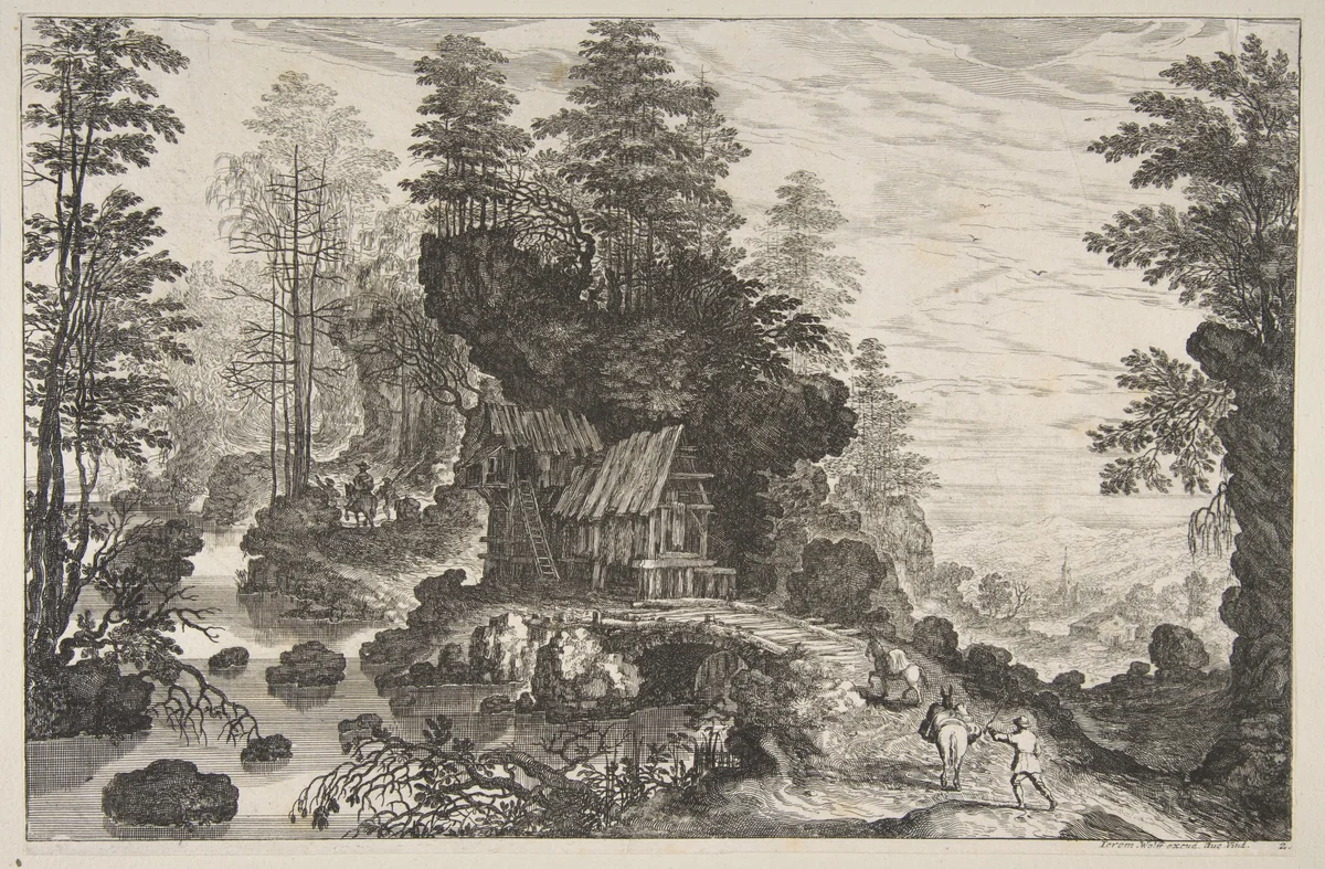 View of a Small House Built into a Rock by Isaak Major, print, 1576-1636