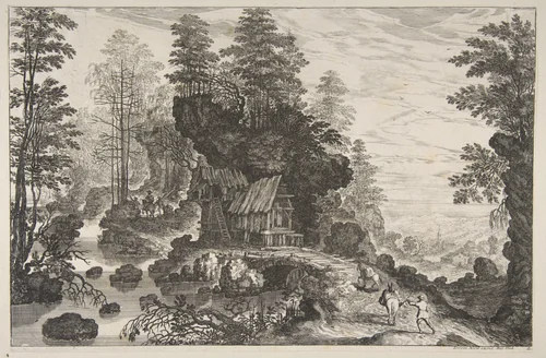 View of a Small House Built into a Rock by Isaak Major, print, 1576-1636