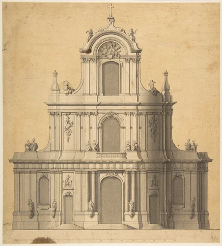 Elevation of West Façade of a Church by anonymous, drawing, 1700-1799