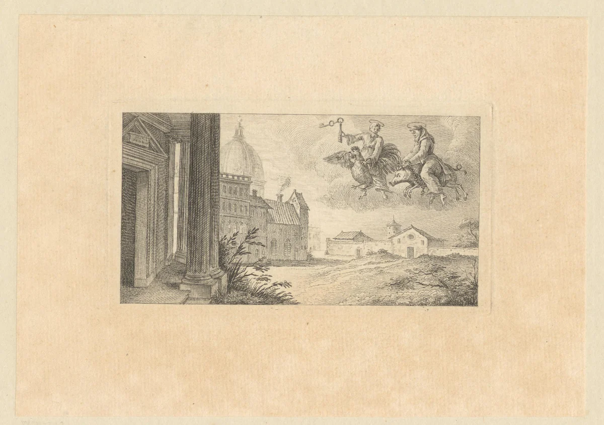 Heilige Petrus op haan en Heilige Antonius op zwijn zwevend boven een koepelkerk by Georg Friedrich Schmidt, print, 1774