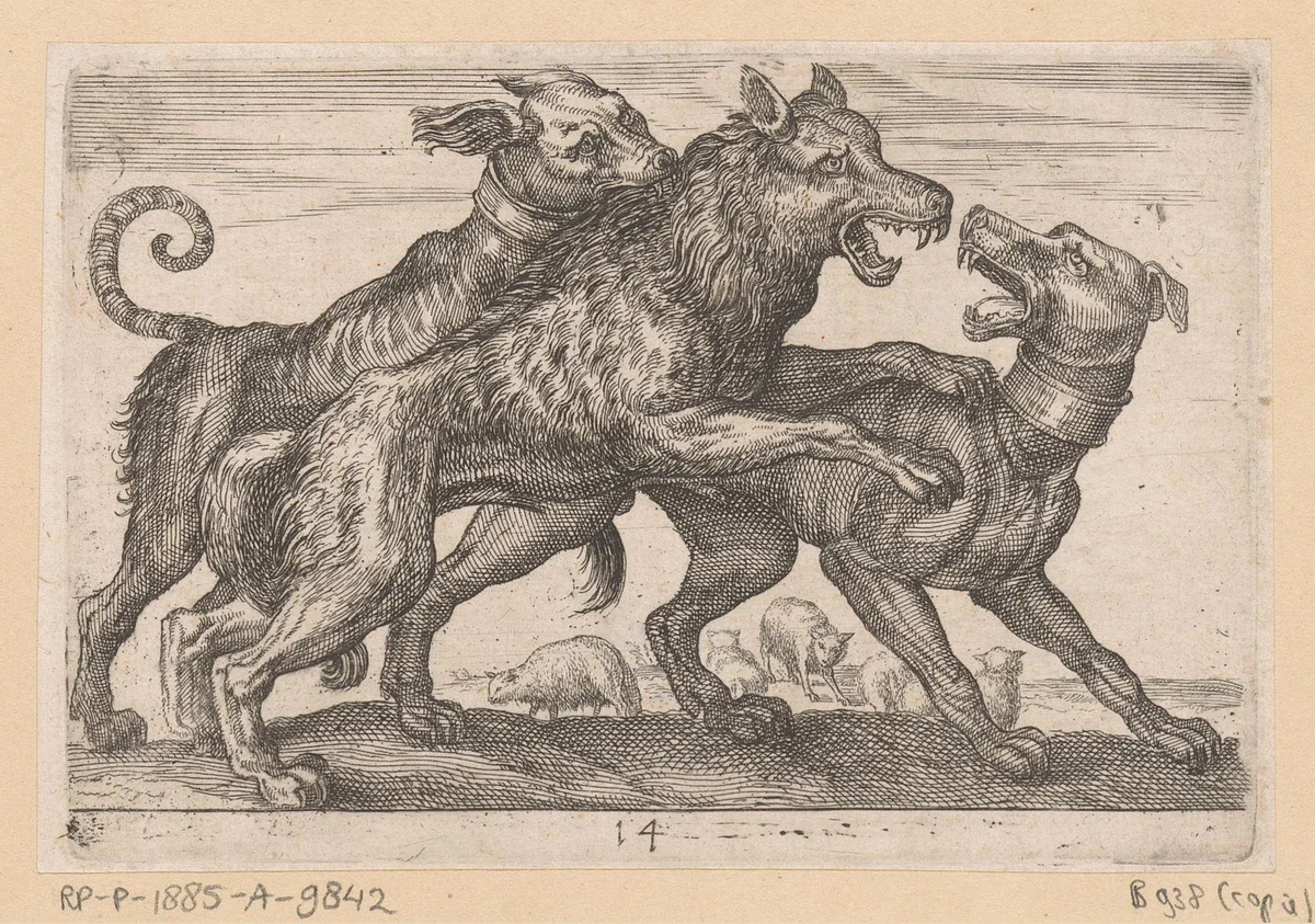 Twee honden in gevecht met een wolf by anonymous, print, 1600-1630