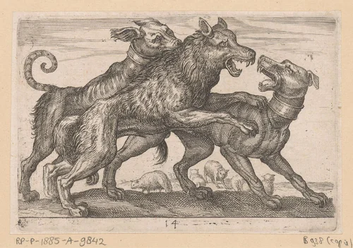 Twee honden in gevecht met een wolf by anonymous, print, 1600-1630