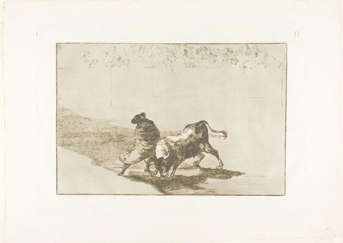 The Very Skilful Student of Falces, Wrapped in his Cape, Tricks the Bull with the Play of his Body, plate 14 from The Art of Bullfighting by Francisco José de Goya, print, 1814-1816
