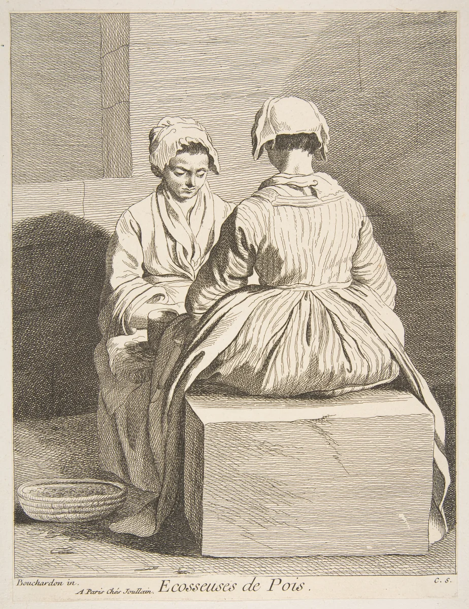 Pea Shellers by Anne Claude Philippe de Tubières, print, 1737