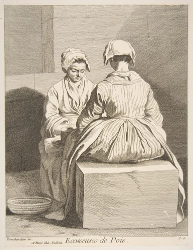 Pea Shellers by Anne Claude Philippe de Tubières, print, 1737