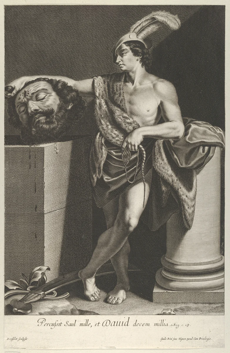 David standing with crossed legs and holding the head of Goliath on a pedestal at left, a sword on the ground, after Reni by Gilles Rousselet, print, 1630-1645
