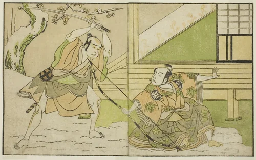 The Actors Arashi Sangoro II as Hojo Tokiyori (right), and Otani Hiroji III as Koga Saburo (left), in the Play Kono Hana Yotsugi no Hachi no Ki, Performed at the Ichimura Theater in the Eleventh Month, 1771 by Katsukawa Shunsho (勝川 春章), print, 1767-1777