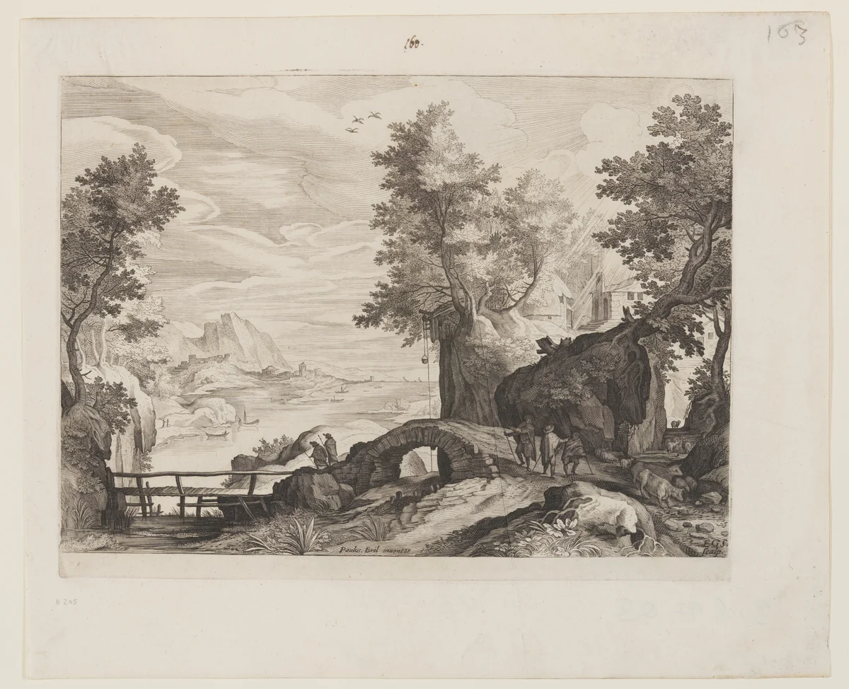 Riverscape with a Stone Bridge and a Wooden Bridge by Aegidius Sadeler II, print, 1590-1620