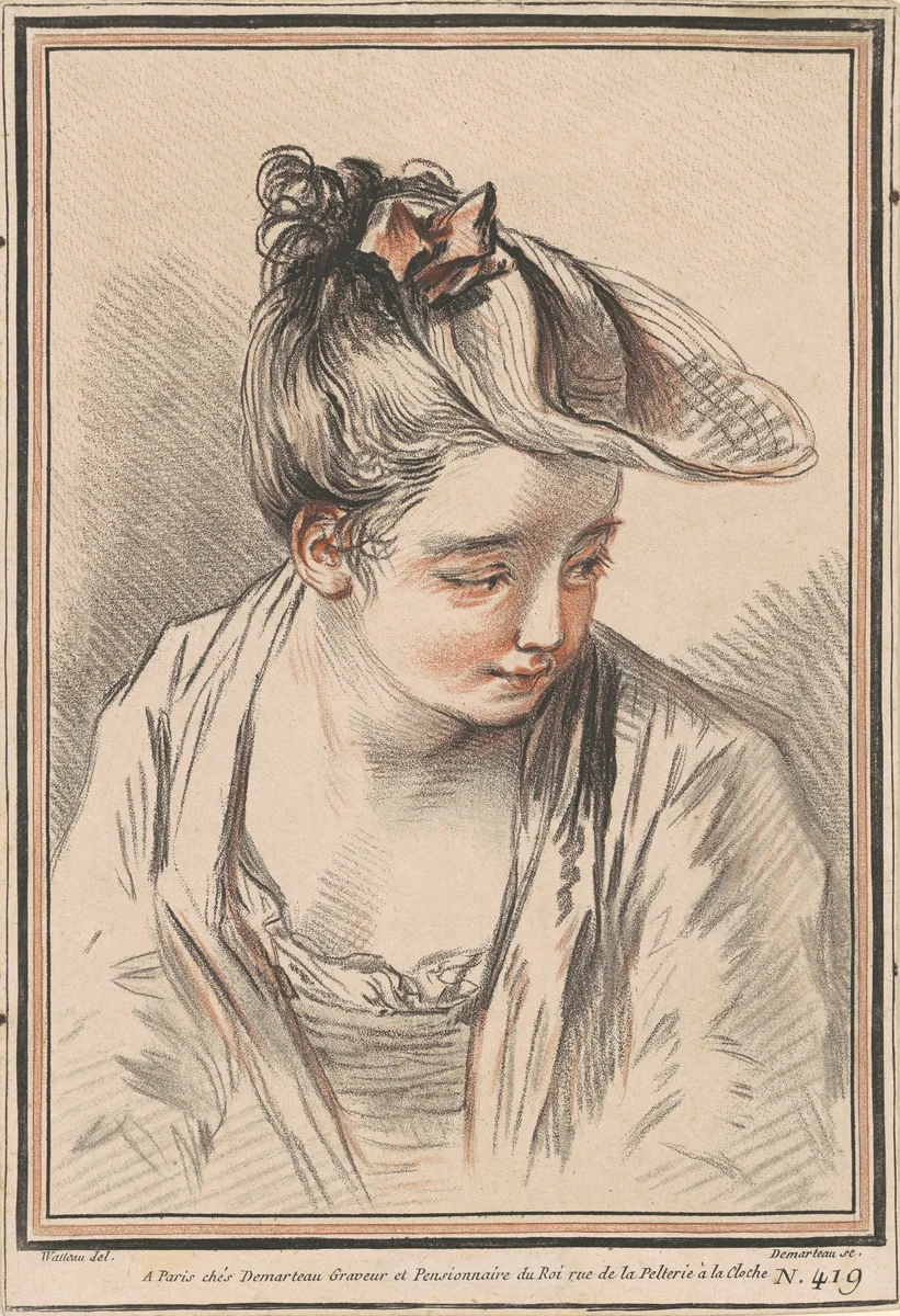 Head of a Young Woman Wearing a Hat by Gilles Demarteau Antoine Watteau, print, 1773