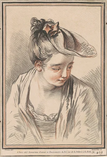 Head of a Young Woman Wearing a Hat by Gilles Demarteau Antoine Watteau, print, 1773