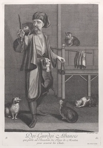 Dgi-Guerdgi Albanois, qui porte au Bezestein des Foyes de Mouton pour nourrir les Chats, plate 60 from "Recueil de cent estampes représentent differentes nations du Levant" by Jean Baptiste Vanmour, print, 1714-1715