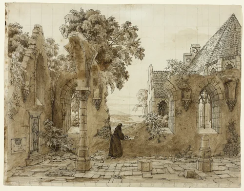 Monk in the Ruins of a Monastery by Domenico Quaglio, drawing, 1820-1830