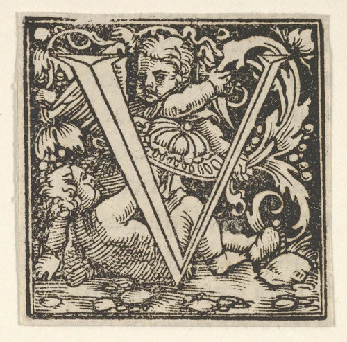 Initial letter V with putti by Heinrich Vogtherr, print, 1533-1540