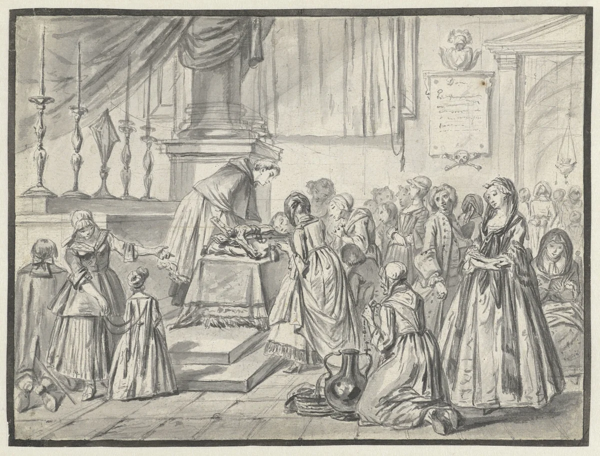Kerkelijke scène met kruisverering op Goede Vrijdag by Charles Parrocel, drawing, 1700-1724