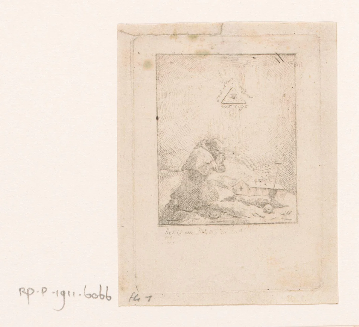 Monnik bidt bij een open graf onder het alziend oog by Henri Leys, print, 1831